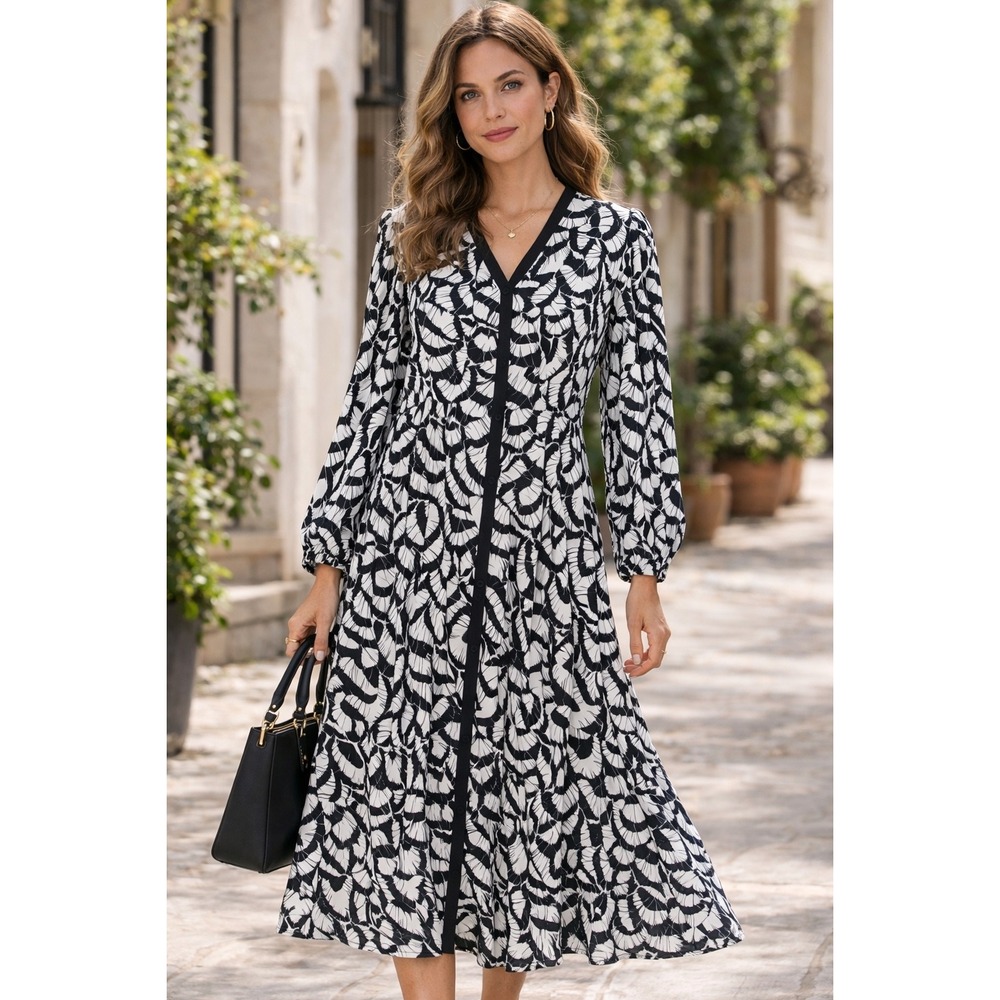 Talbots Women  Dress Black White Feather Print Button Front Midi V-Neck Size 10